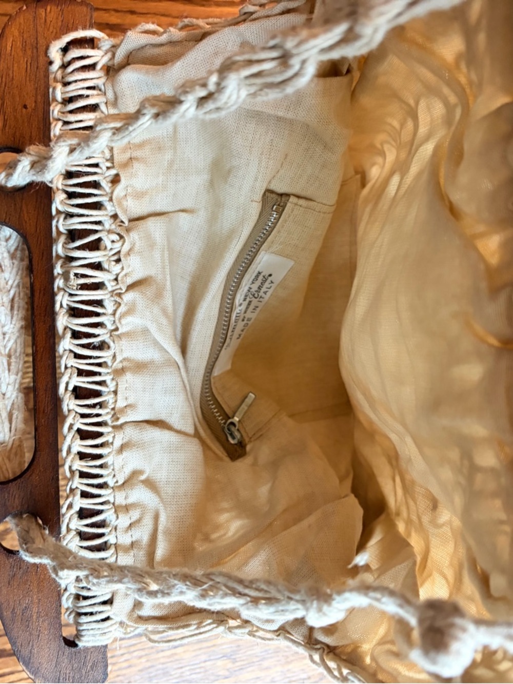 Vintage Simon New York Macrame Bag Wood Handle Italy 60s 70s Boho - Picture 5 of 6